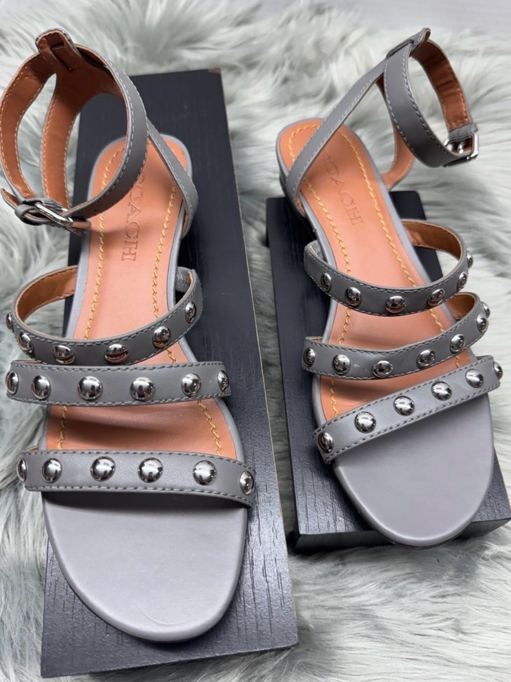 Coach Vanna Leather Demi Wedge Heather Grey Sandals - Picture 2 of 6